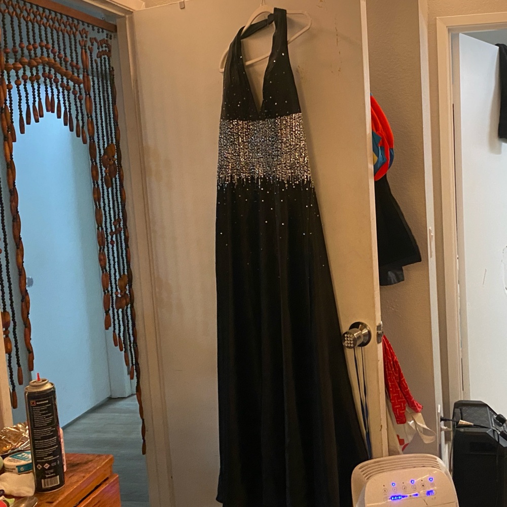 Mori Lee Black and Silver Halter Prom Dress